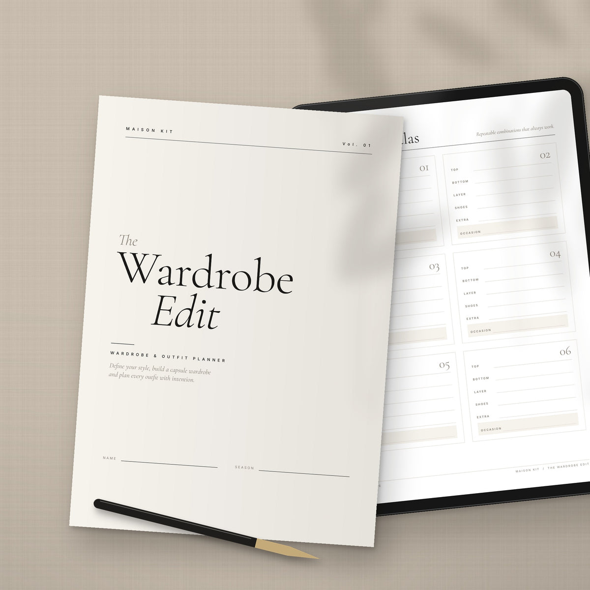 The Wardrobe Edit printable wardrobe and outfit planner cover with tablet