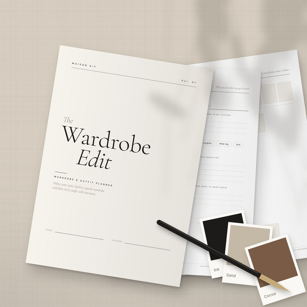 Printed wardrobe planner pages with colour swatches and pen