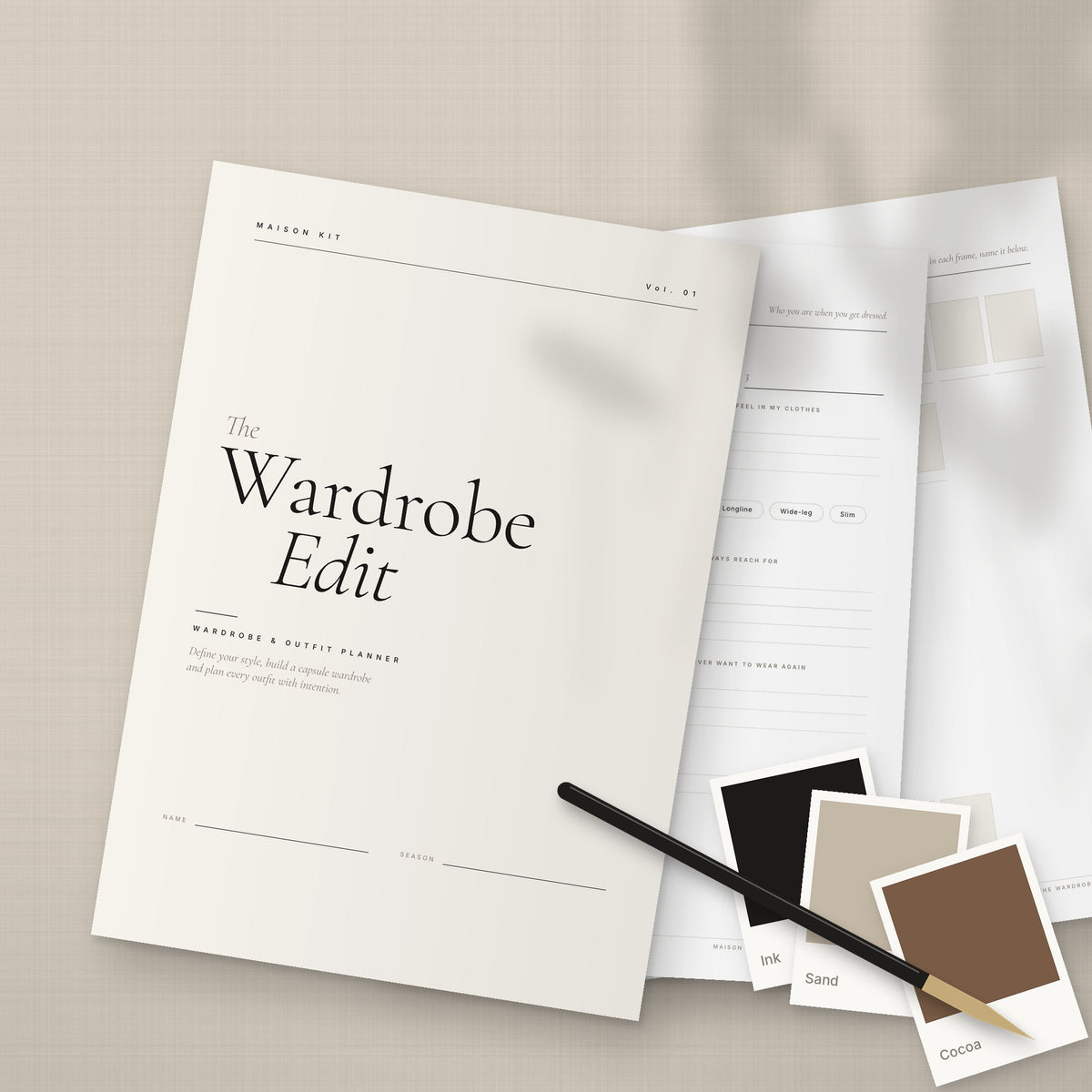 Printed wardrobe planner pages with colour swatches and pen
