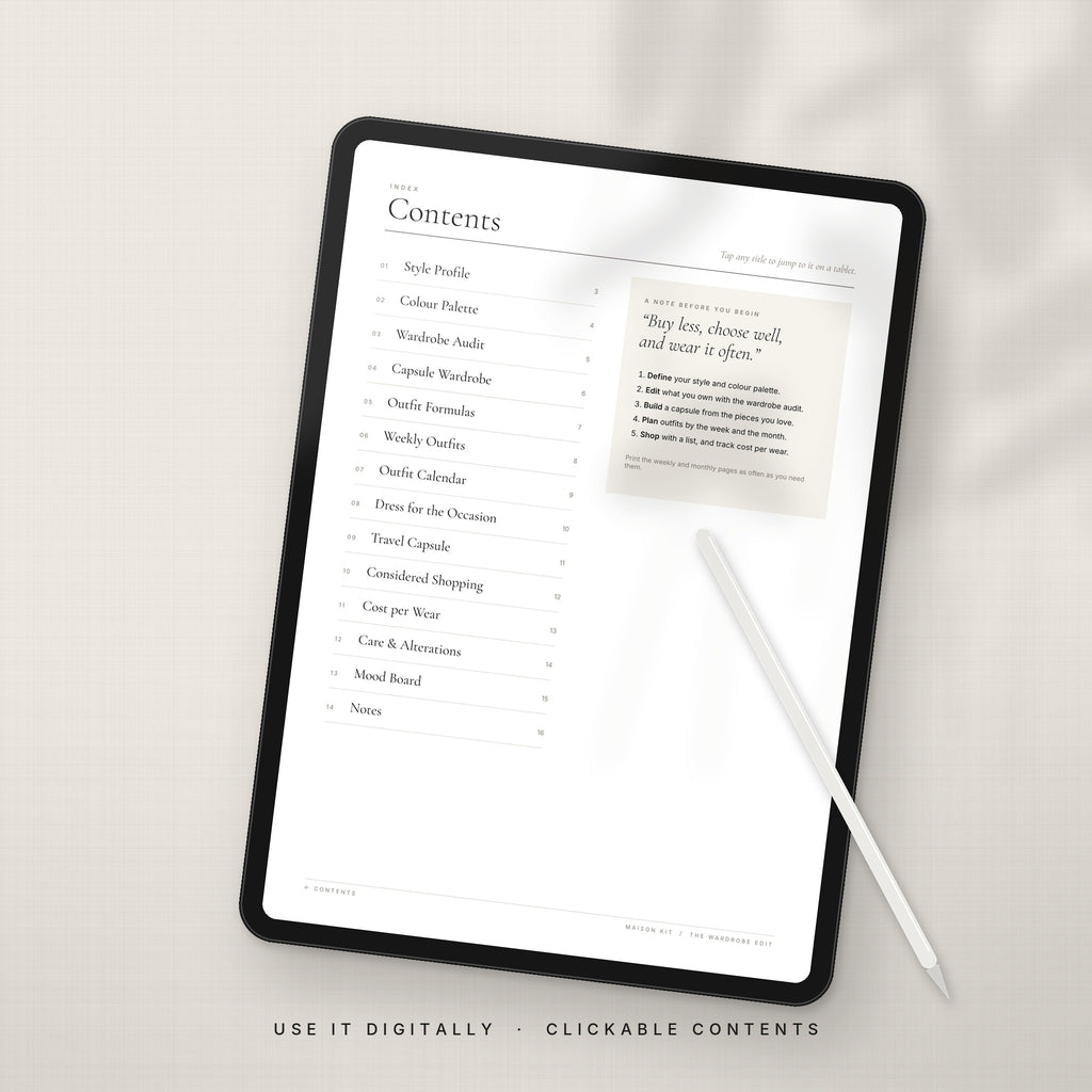 Digital outfit planner on a tablet with clickable contents