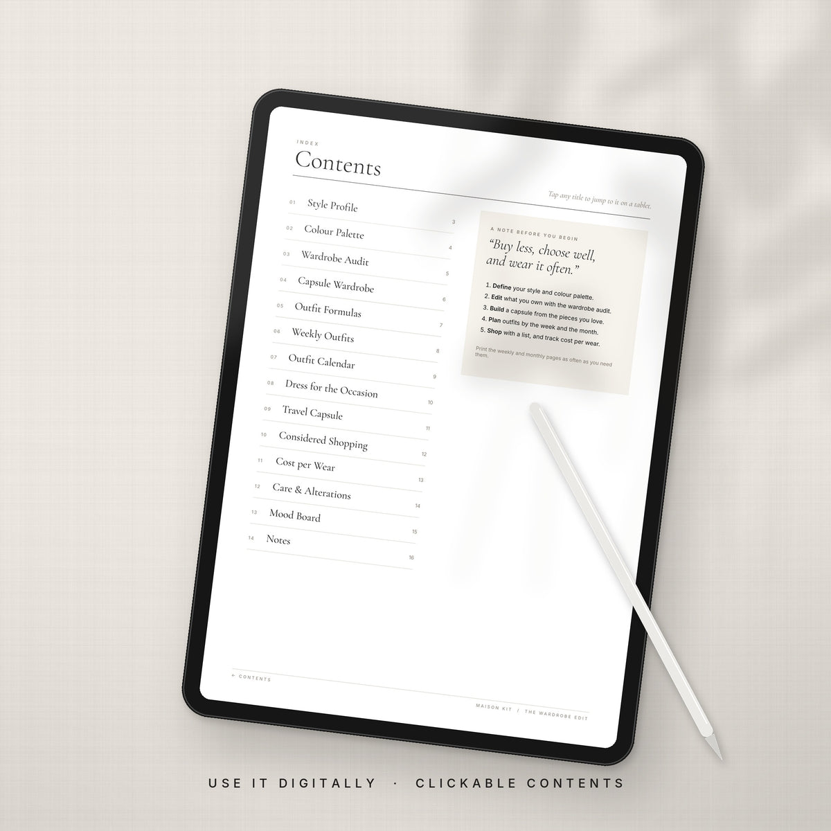 Digital outfit planner on a tablet with clickable contents