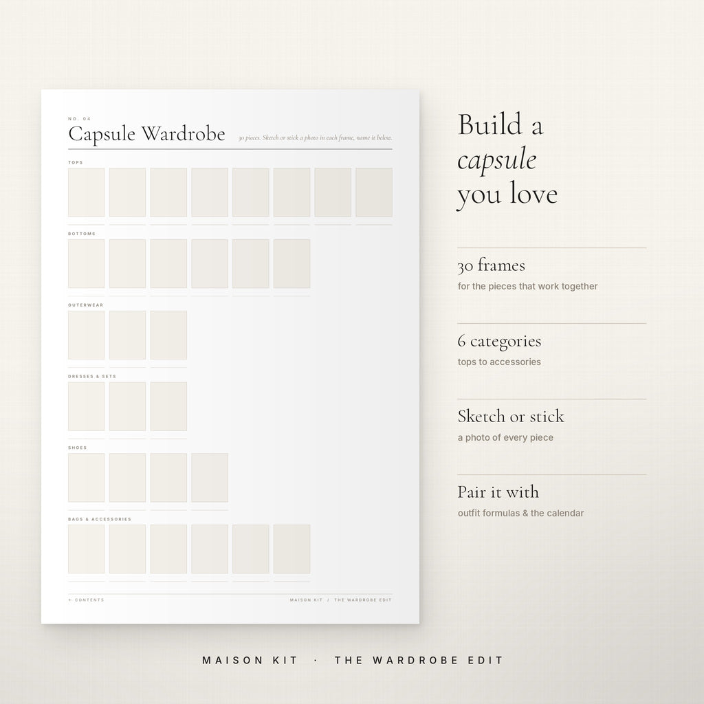 Capsule wardrobe planner page with 30 frames